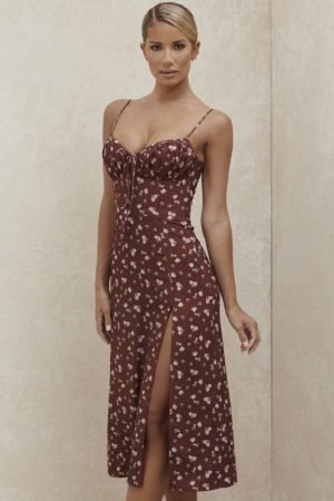 Carina Wine Floral Bustier Midi Dress