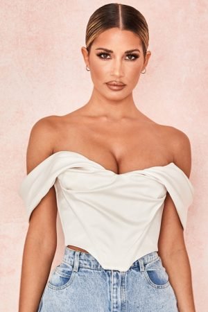 Silva Ivory Satin Draped Shoulder Corset Top